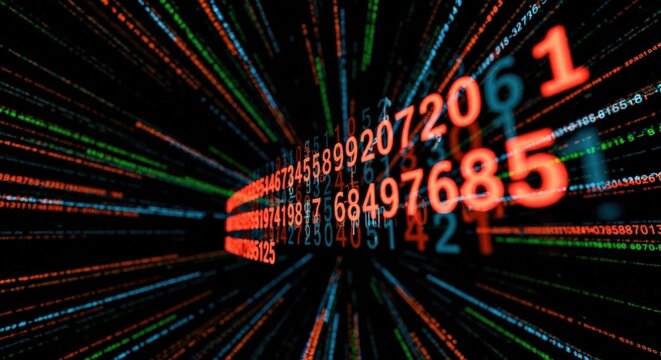 Abstract digital data stream with glowing numbers and streaks.