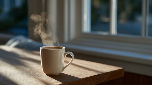 Steaming coffee cup basking in morning sun, whispering vim for solstice rituals, Hygge-filled dawn awakening, rustic serenity