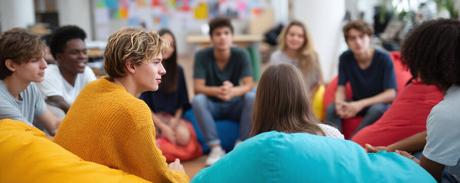 Diverse group of young people in circle, on colorful beanbags, sharing ideas. Concept for education, teamwork, support, community. Ideal for schoolyouth programs.