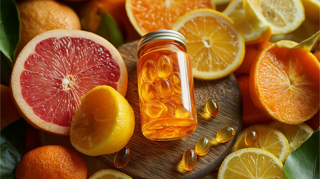 Vitamins in glass jar surrounded by sliced lemons, oranges, grapefruit. Symbolizes natural vitamin sources, convenient wellness, cold prevention. Ideal health campaigns.