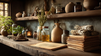 rustic Ayurvedic healer’s room featuring clay jars, dried herbs, parchment stacks, and glowing lantern. Warm earthy tones. tradition, natural healing, ancient wisdom.