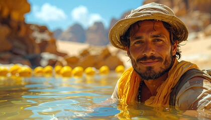 Man in Straw Hat Submerged in Oasis Water