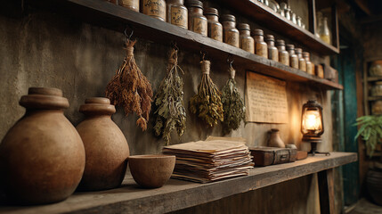 rustic Ayurvedic healer’s room featuring clay jars, dried herbs, parchment stacks, and glowing lantern. Warm earthy tones. tradition, natural healing, ancient wisdom.