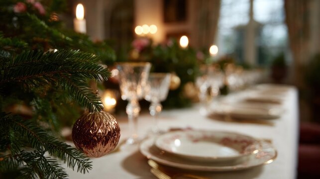 Festive opulence on a wintry table, glistening in Yule warmth, evoking an elegant Nodlaig solstice dinner ambiance