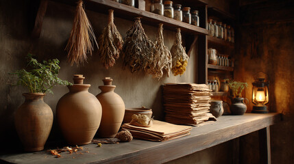 rustic Ayurvedic healer’s room featuring clay jars, dried herbs, parchment stacks, and glowing lantern. Warm earthy tones. tradition, natural healing, ancient wisdom.
