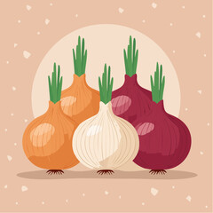 A Still Life Arrangement of Fresh Onions, Featuring Red and White Varieties