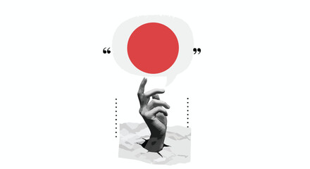 Hand reaching out of hole holding a speech bubble with a red circle.