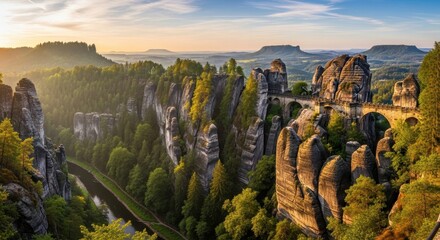Obraz premium Bastei Bridge and rock formations view with Elbe river at Saxon Switzerland