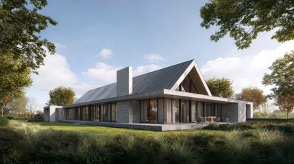 Modern Architectural Design: A modern residence presents a sleek, sophisticated design, seamlessly merging with its verdant surroundings under a clear sky.