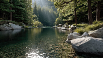 Serene river with sunlight streaming through pine trees, clear water, rocky shore, peaceful forest landscape