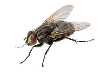 Detailed macro shot of a housefly with red eyes isolated on a transparent background