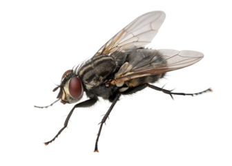 Detailed macro shot of a housefly with red eyes isolated on a transparent background