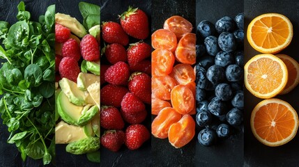 Different fruits and vegetables arranged in a row health habits food background