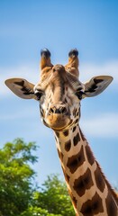 Close-up portrait of a giraffe's head and neck, displaying intricate patterns and a curious gaze against a vibrant blue sky.