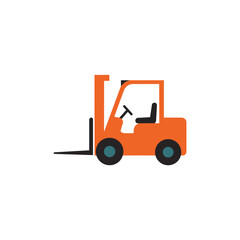 Flat design illustration of an orange industrial forklift truck, perfect for material handling and warehouse logistics operations
