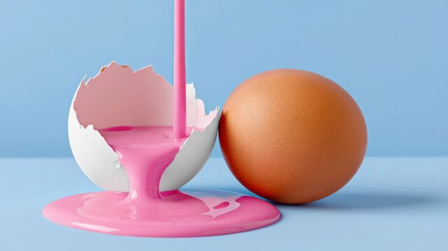 Vibrant pink liquid flows from cracked white eggshell onto blue surface, alongside a whole brown egg, capturing the dynamic transformation of color and texture in a playful culinary scene
