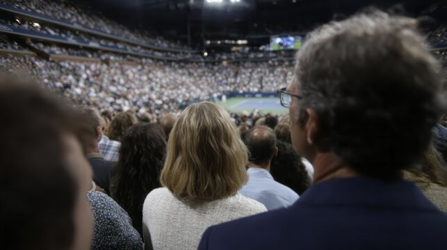 Spectators gather under the floodlit night sky, an intense tennis match unfolds, epitomizing World Tennis Day and community unity