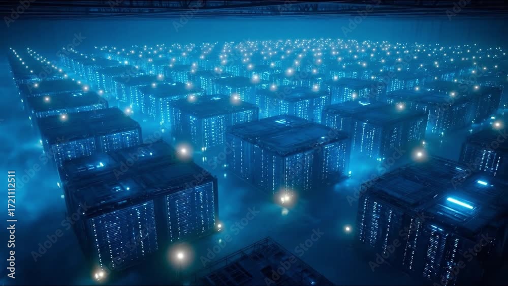 Wall mural vast array of glowing blue cubes in a gridlike pattern some with bright light sources at corners and