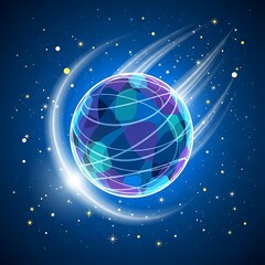 A vibrant, stylized depiction of a planet against a cosmic backdrop, showcasing a dynamic interplay of color and light.