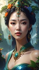 Portrait of a Young Woman in Elegant Asian-Inspired Attire