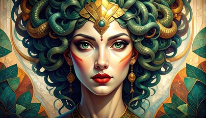 Portrait of a Woman with Green Snake Hair and Gold Jewelry