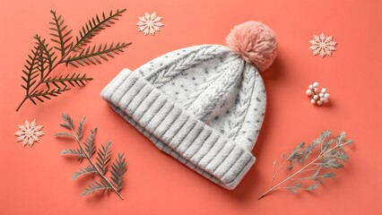 Knitted Winter Hat with Pink Pom-Pom &ndash; Cozy Holiday Flatlay on Coral Background