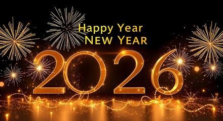 Happy New Year 2026 Celebration – Golden and Futuristic Neon Numbers with Fireworks