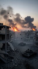 Destroyed city streets, filled with debris and tanks, and marked by fire and smoke, presents a grim aftermath of conflict.