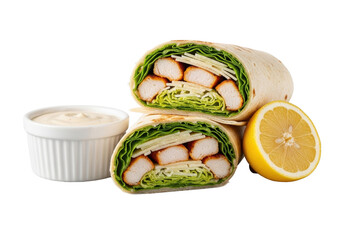 Meticulously sliced premium chicken Caesar wrap showcasing grilled chicken, crisp romaine, parmesan, creamy dressing, ramekin, and lemon wedge on a transparent studio background, highly appetizing