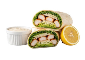 Meticulously sliced premium chicken Caesar wrap showcasing grilled chicken, crisp romaine, parmesan, creamy dressing, ramekin, and lemon wedge on a transparent studio background, highly appetizing