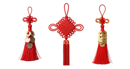 Chinese red decorative tassels with gold coins for New Year