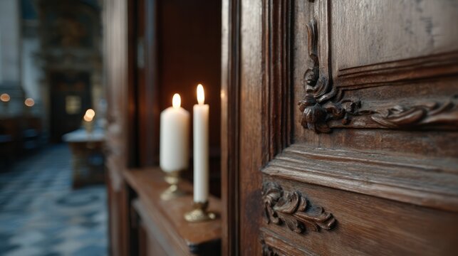 Dimly lit candles flicker in an ornate medieval chapel, evoking All Saints' Day and the mystical Festival of Shadows