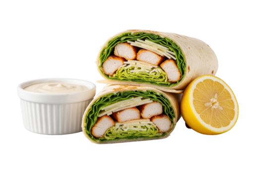 Meticulously sliced premium chicken Caesar wrap showcasing grilled chicken, crisp romaine, parmesan, creamy dressing, ramekin, and lemon wedge on a transparent studio background, highly appetizing