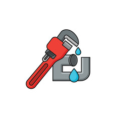 Plumbing repair service with an adjustable pipe wrench fixing a dripping grey pipe and blue water drops