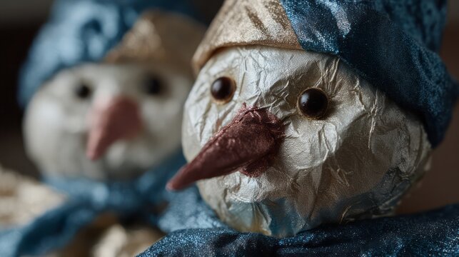 Charming papier-mache snowmen in shimmering azure scarves evoke Yuletide whimsy, reminiscent of Winterfest and Scandinavian folklore celebrations