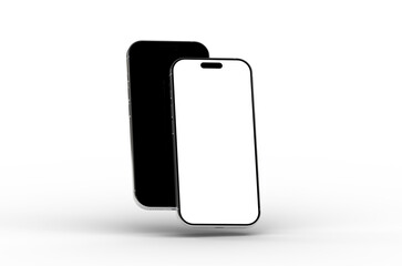 High-quality mockup of two modern smartphones, one with a black screen and one with a blank screen, isolated on a white background. Perfect for app presentations and