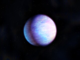 Alien planet in deep space. Purple exoplanet with atmosphere and clouds. Extrasolar world on black background.
