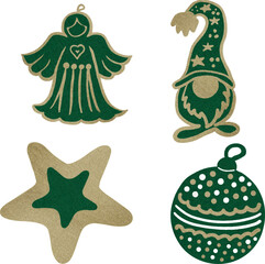 Vector watercolor illustration set of Christmas tree ornaments: bauble, gnome, angel, and tree topper star
