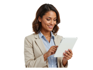 Smiling businesswoman engaged with digital tablet in professional attire isolated on transparent background