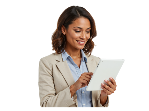 Smiling businesswoman engaged with digital tablet in professional attire isolated on transparent background
