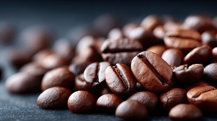 Close Up of Roasted Coffee Beans on Dark Surface in Studio Lighting