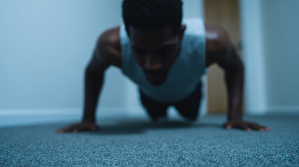 Fototapeta premium Athletic man performing pushup exercise on gym floor