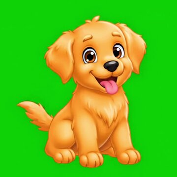 Cute cartoon golden retriever puppy sitting and smiling on green background 
