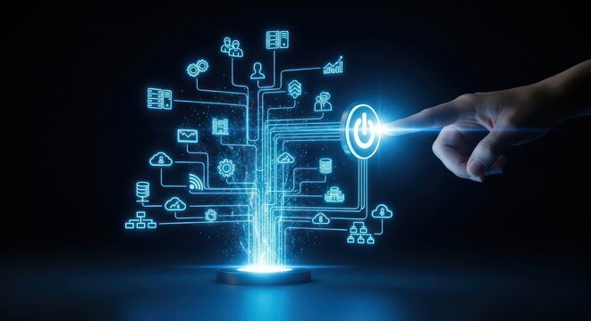 Illuminating digital transformation, a network visualization with interactive start switch, - Powered by Adobe