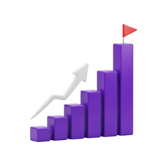 Purple bar graph with upward arrow and red flag symbolizing growth and success transparent background