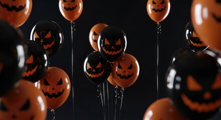 Spooky season celebration with jack-o'-lantern balloons against a solid black background
