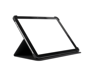 Modern tablet in protective stand case with dark screen display isolated on transparent background