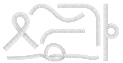 White rope collection with knot designs and twisted cord for nautical or decorative use. Braided fiber with loops, curves and straight sections with woven texture. Marine cordage elements for sailing. © klyaksun