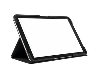 Modern tablet device in protective case displaying a gray screen on a clean surface isolated on transparent background