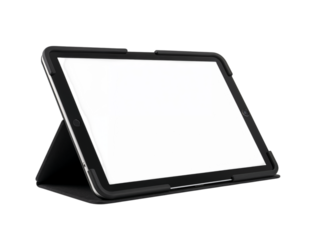 Modern tablet device in protective case displaying a gray screen on a clean surface isolated on transparent background